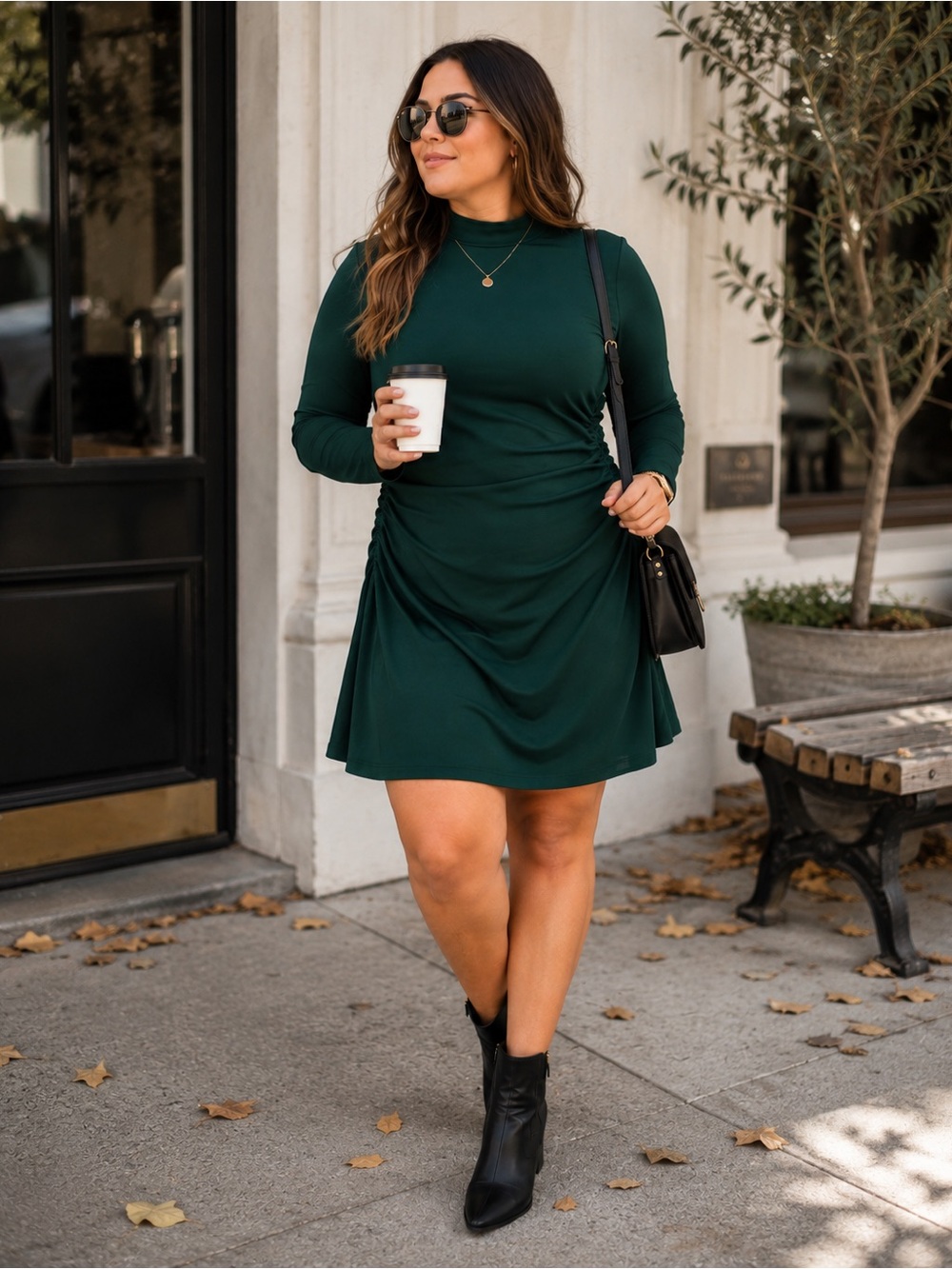 GAP Emerald Green Ruched Mock Neck Mini Dress Long Sleeve Large